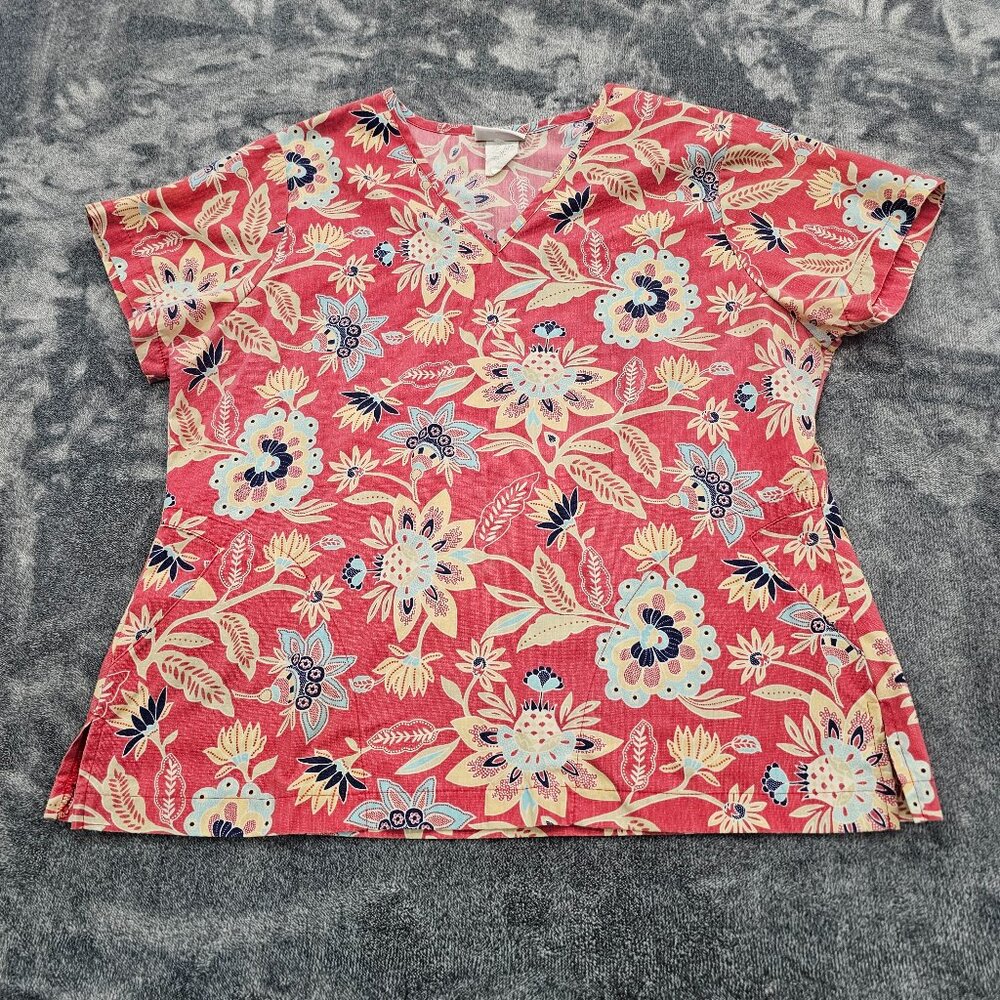 Apple Life Nursing Scrub Top womens XL floral print short sleeve uniform Pockets